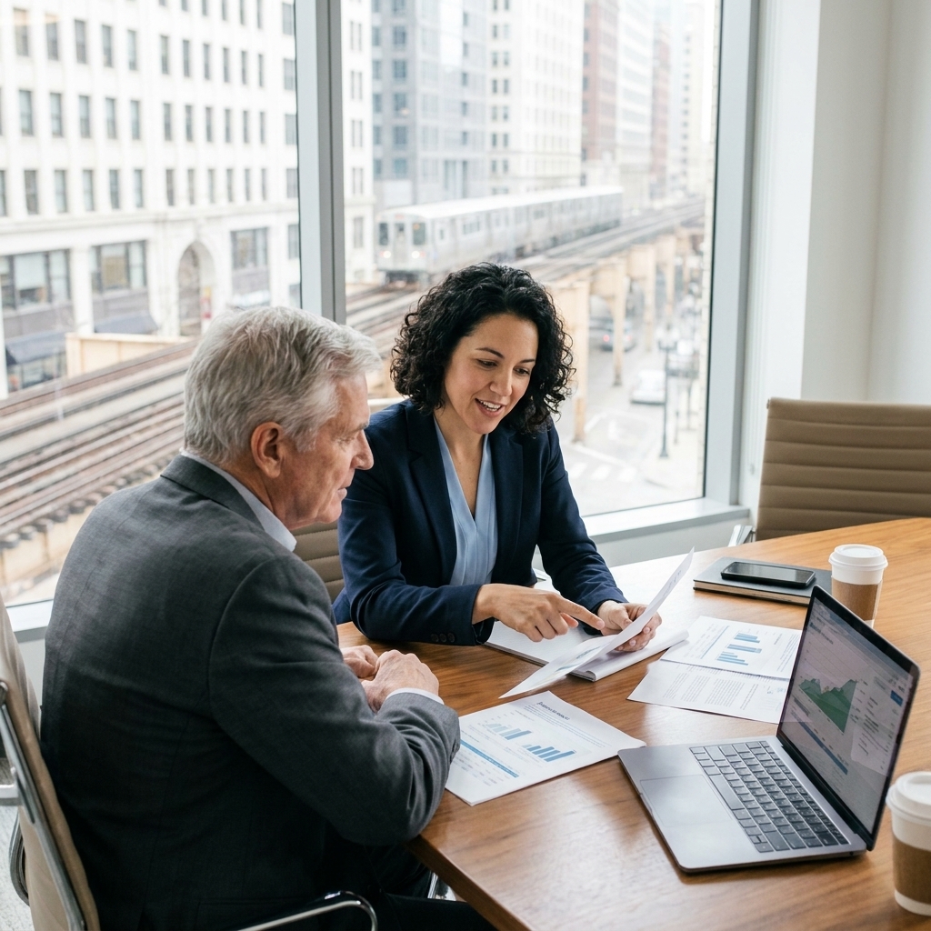 A financial advisor in a Chicago office reviewing investment documents with a client at a conference table