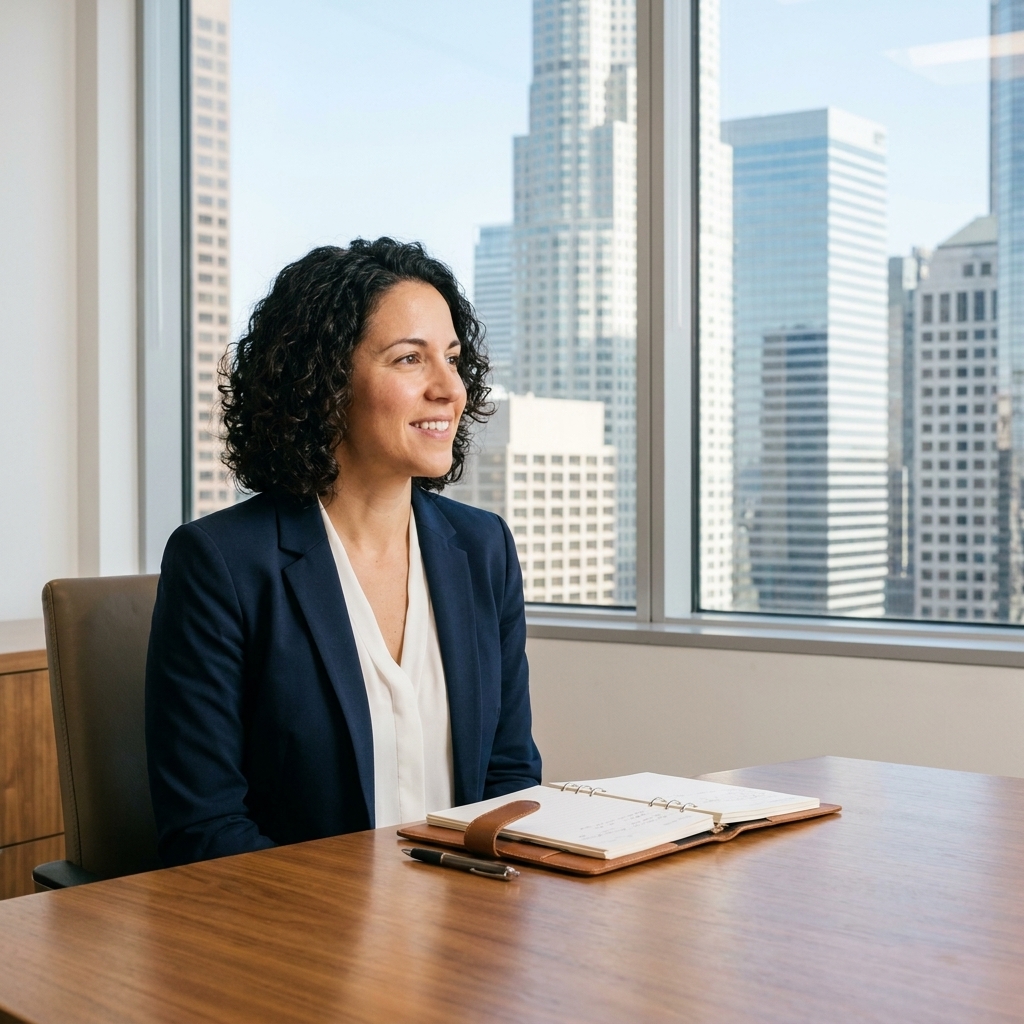 A financial advisor office setting with a view of downtown buildings through a window, with a notebook and pen on a conference table