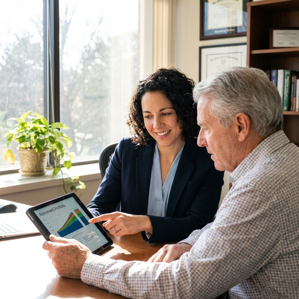 A financial advisor sitting with an older client in a bright office reviewing a retirement portfolio on a tablet