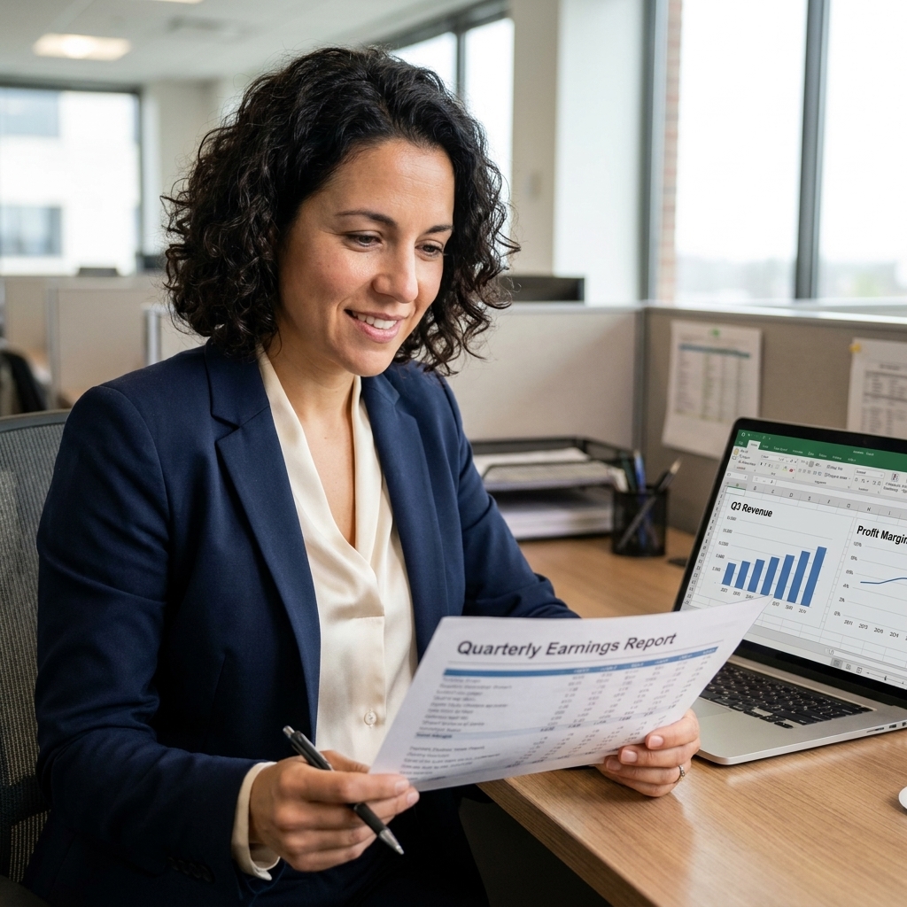 A financial analyst at a desk reviewing a printed earnings report with a laptop open to revenue and margin figures