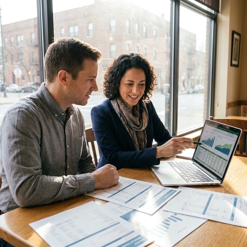 A financial planner meeting with a small business owner at a desk, reviewing printed statements and a laptop screen in a bright office