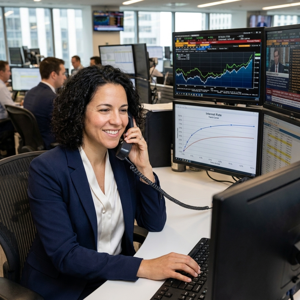 A fixed-income trading desk with monitors showing bond yields and interest rate charts