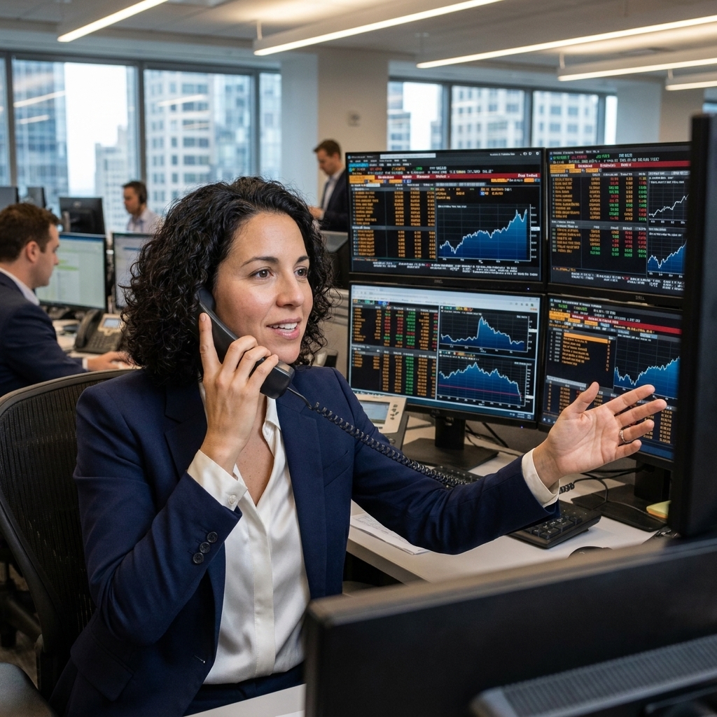 A fixed-income trading desk with multiple monitors showing bond market data inside a financial office