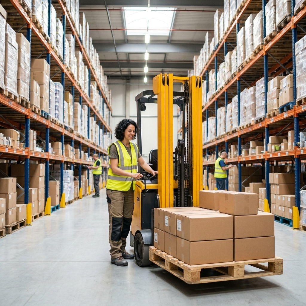 A forklift driver moving a pallet through a clean warehouse aisle with tall racking during normal operations