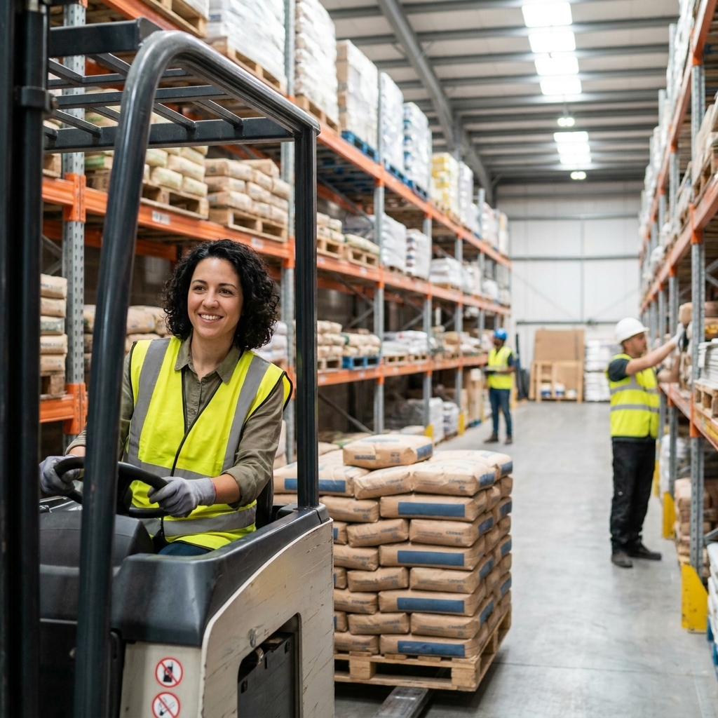 A forklift moving pallets of construction materials inside a large warehouse with tall racking and workers in safety vests.