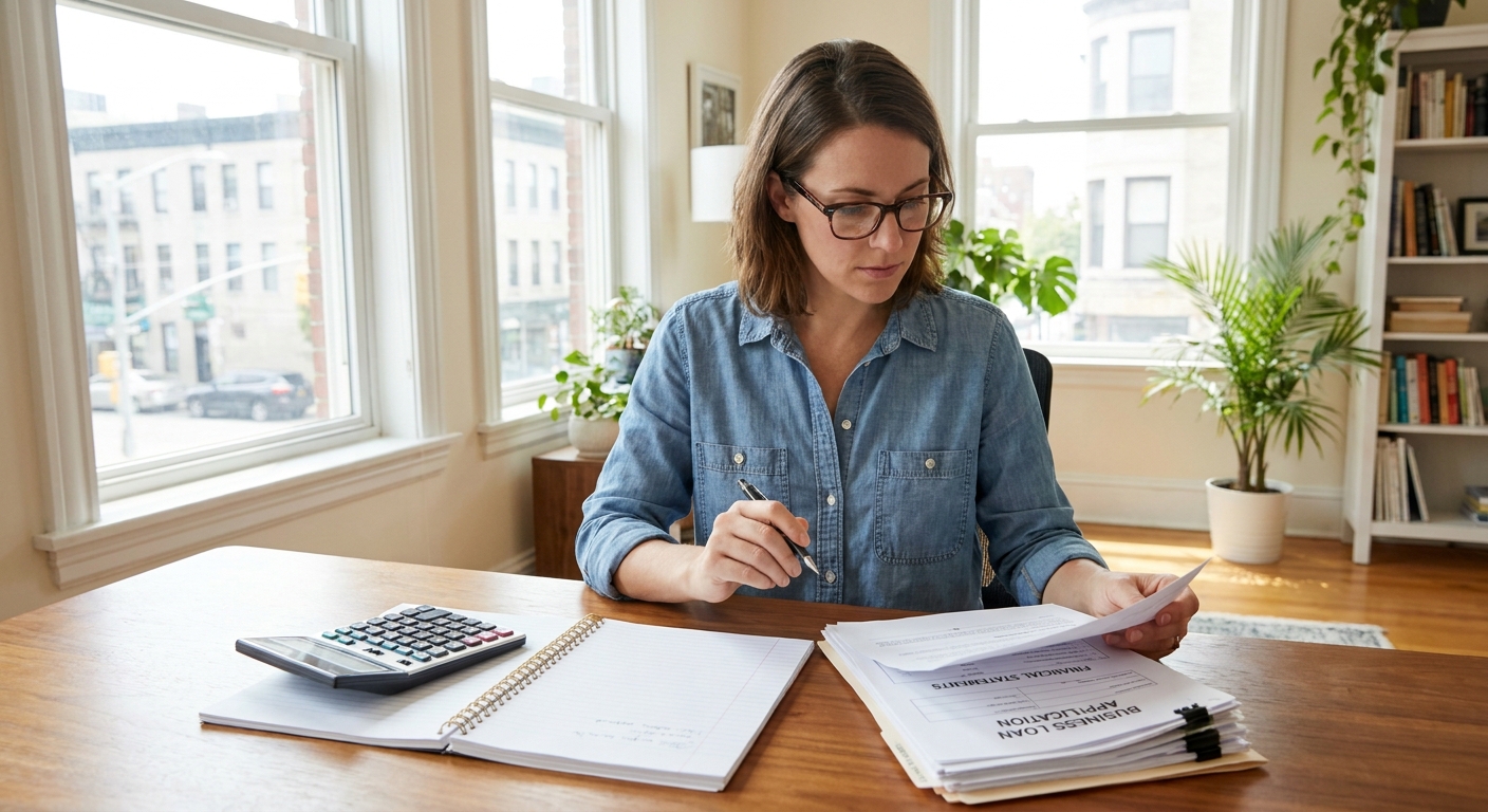 A freelance professional at a desk with a notebook and a calculator, reviewing a stack of business loan documents in a bright office