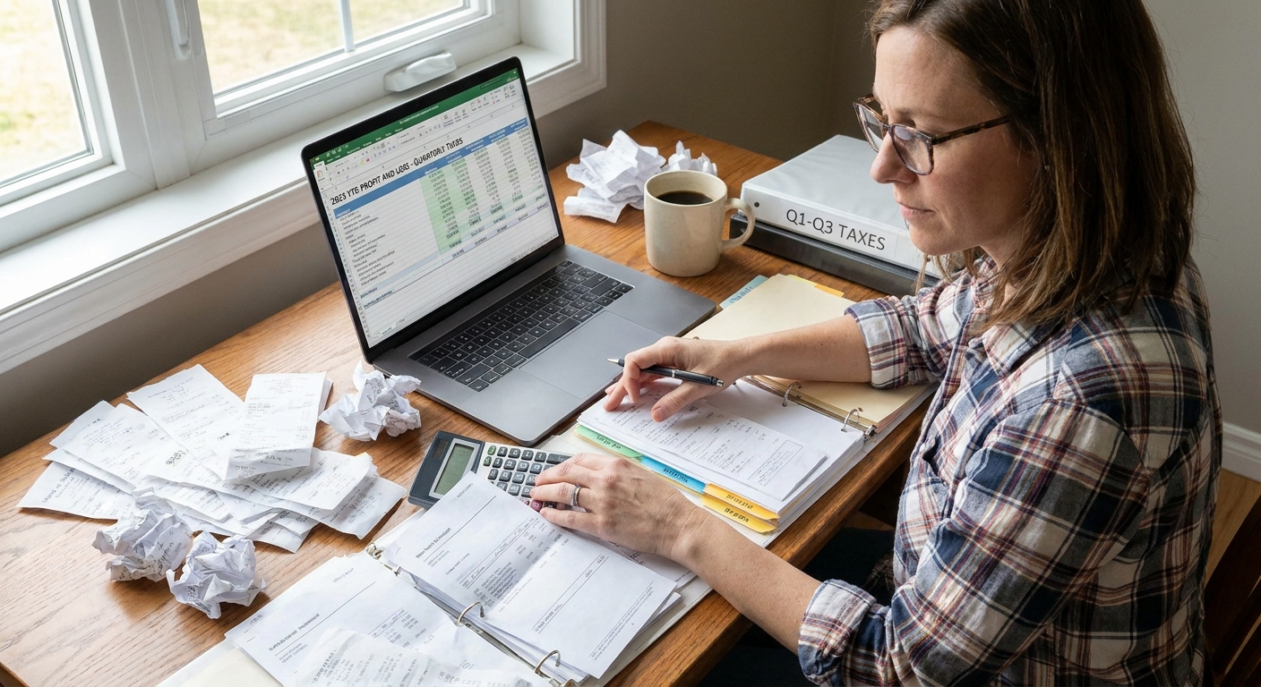 A freelancer organizing receipts and bank transactions while preparing a year-to-date profit and loss report for quarterly tax periods