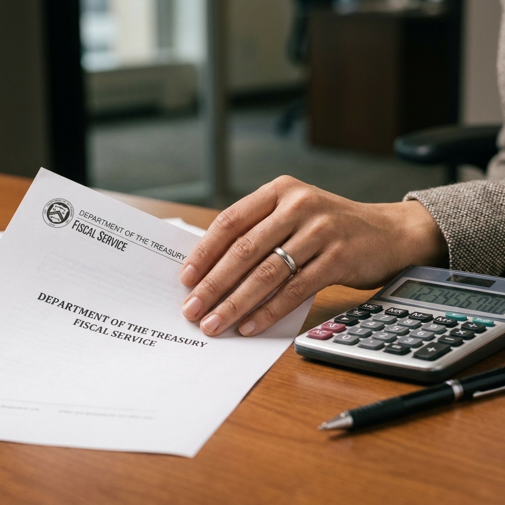 A hand holding a Treasury-related document on a desk with a calculator and pen nearby