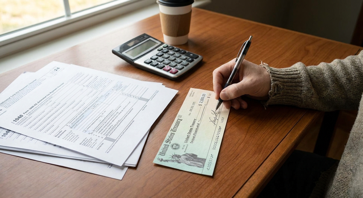 A hand writing a check beside printed 1040-ES estimated tax payment paperwork on a desk