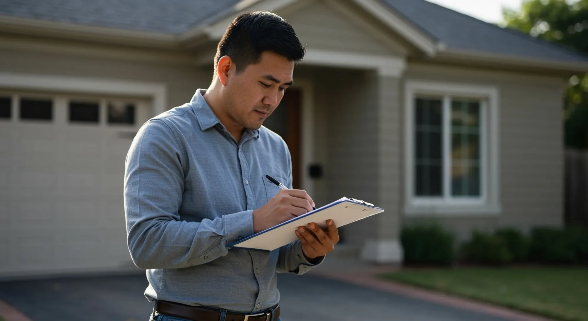 A home appraiser on a sidewalk taking exterior photos of a single-family house
