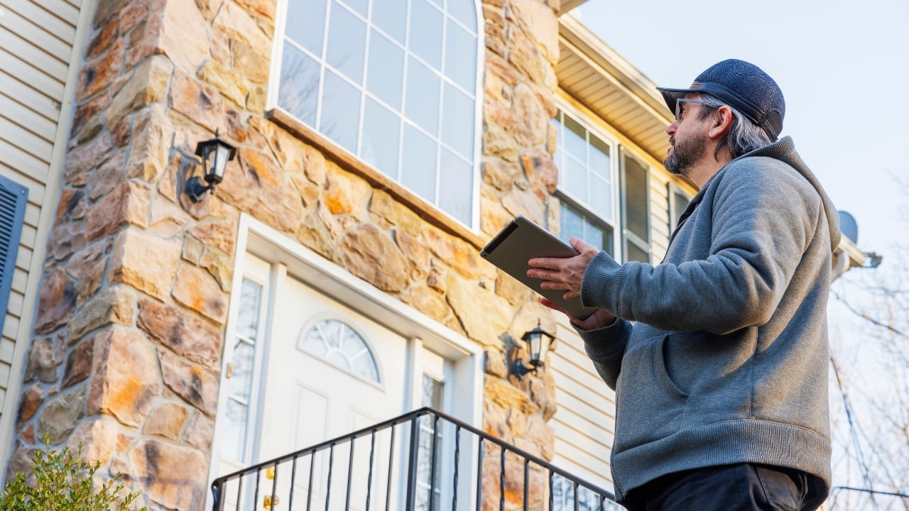A home appraiser standing on a driveway taking notes while looking at the exterior of a suburban house in daylight