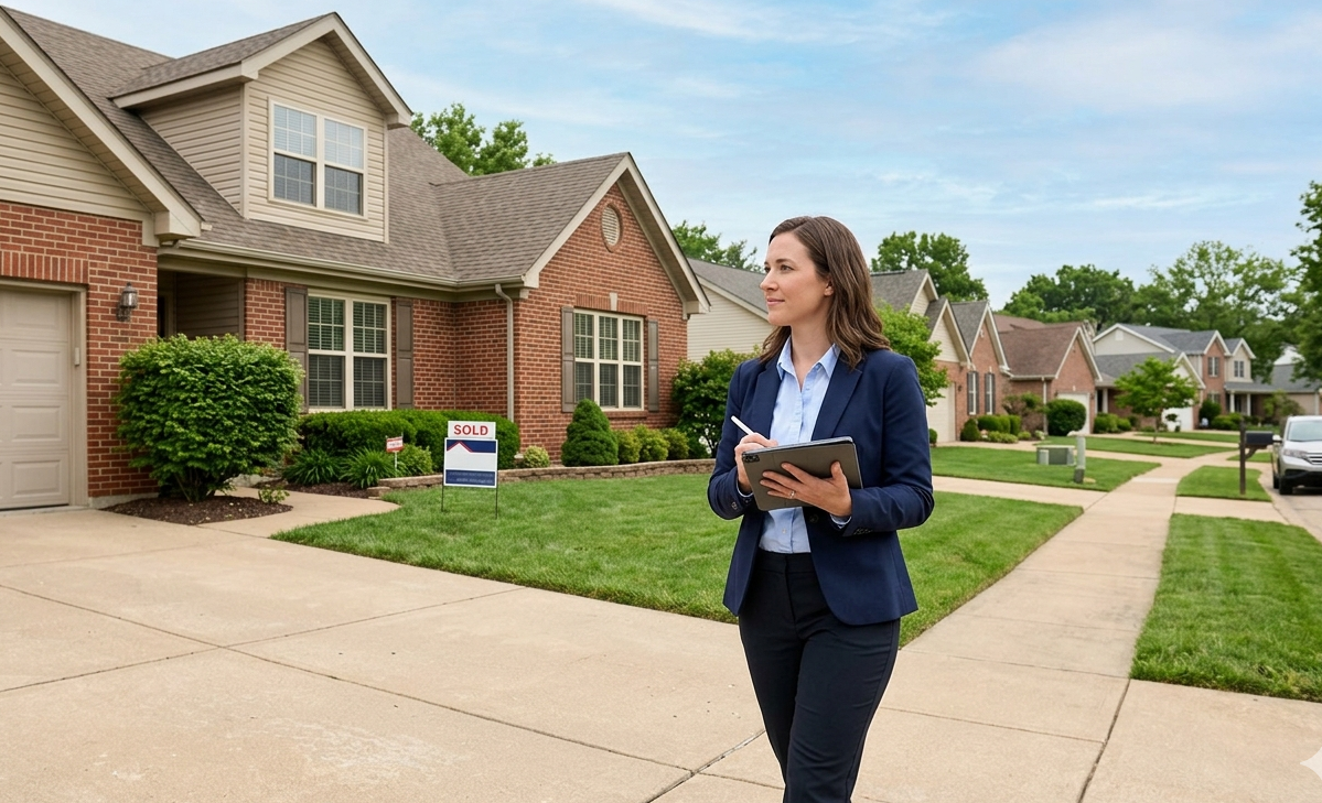 A home appraiser standing on a sidewalk taking a photo of a suburban house exterior on a clear day, realistic photograph