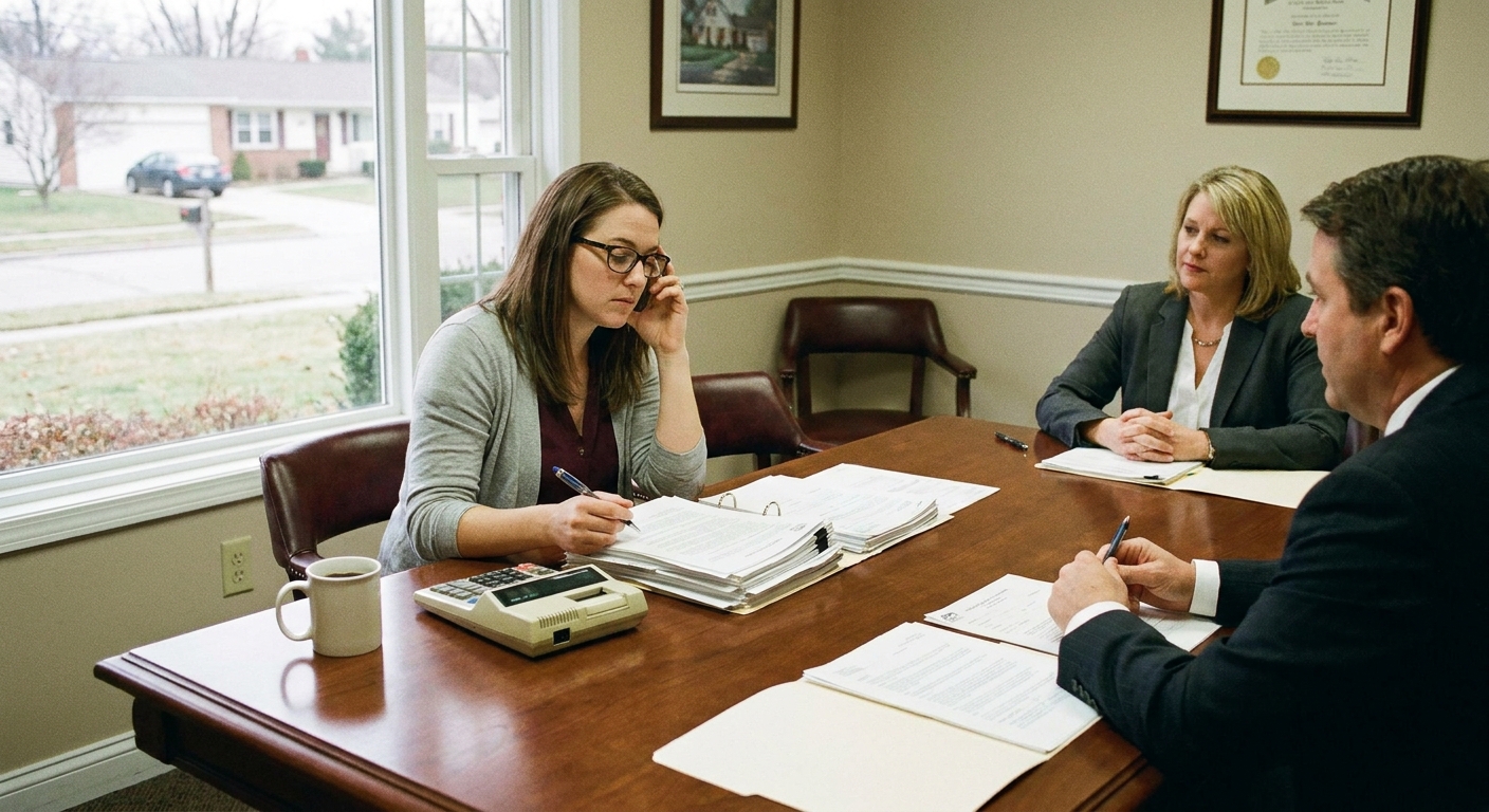 A homebuyer sits at a closing table reviewing mortgage documents with a calculator and pen nearby.