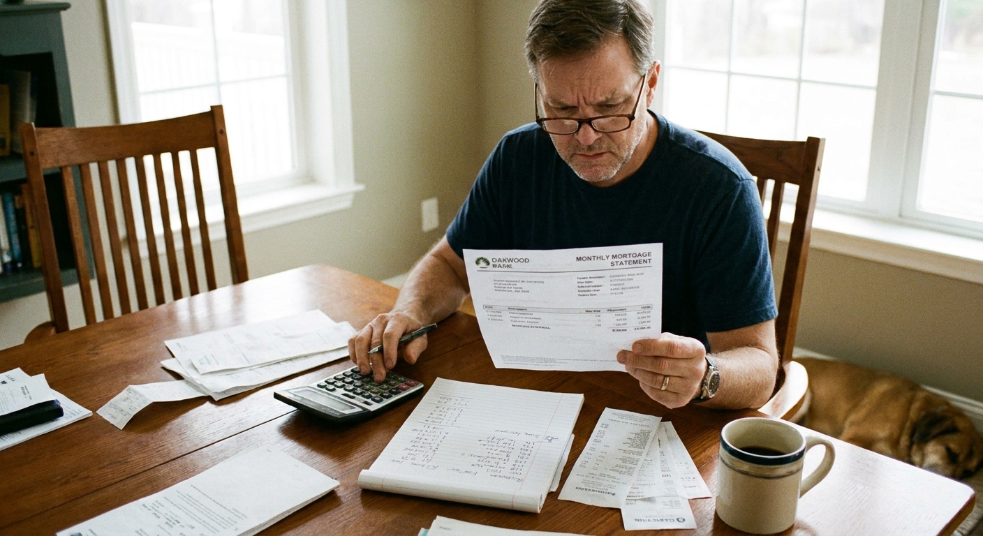 A homeowner holding a monthly loan statement while seated at a dining table with a calculator and notebook.