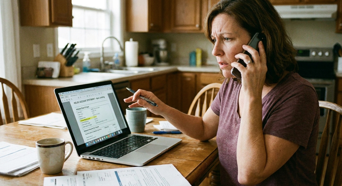 A homeowner on the phone while reviewing a HELOC statement on a laptop, calling the loan servicer to ask about rate caps.