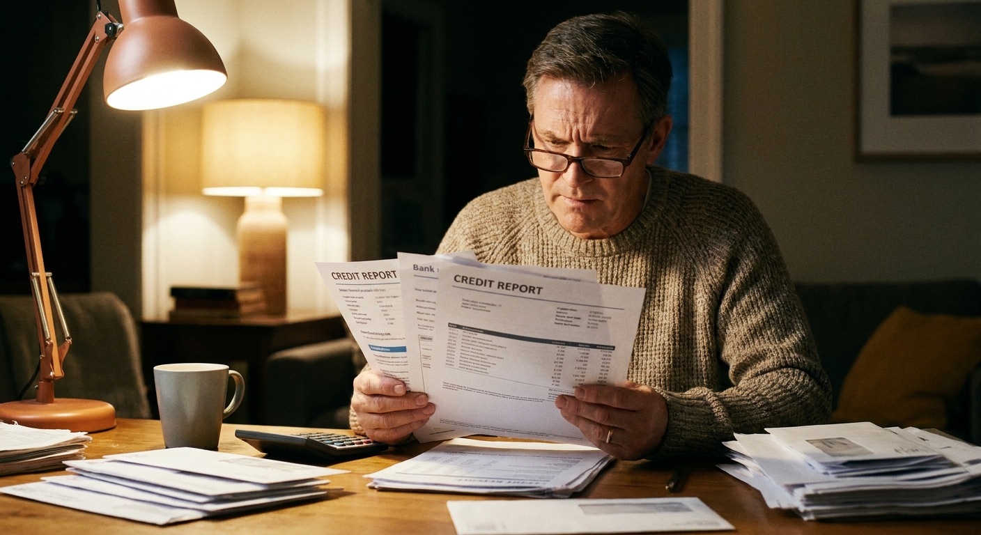 A homeowner seated at a desk reviewing a printed credit report and bank statements under warm indoor lighting