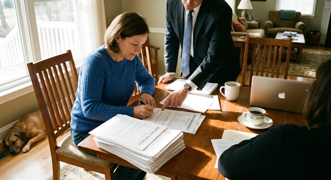 A homeowner seated at a dining table signing mortgage refinance documents while a loan officer points to a page