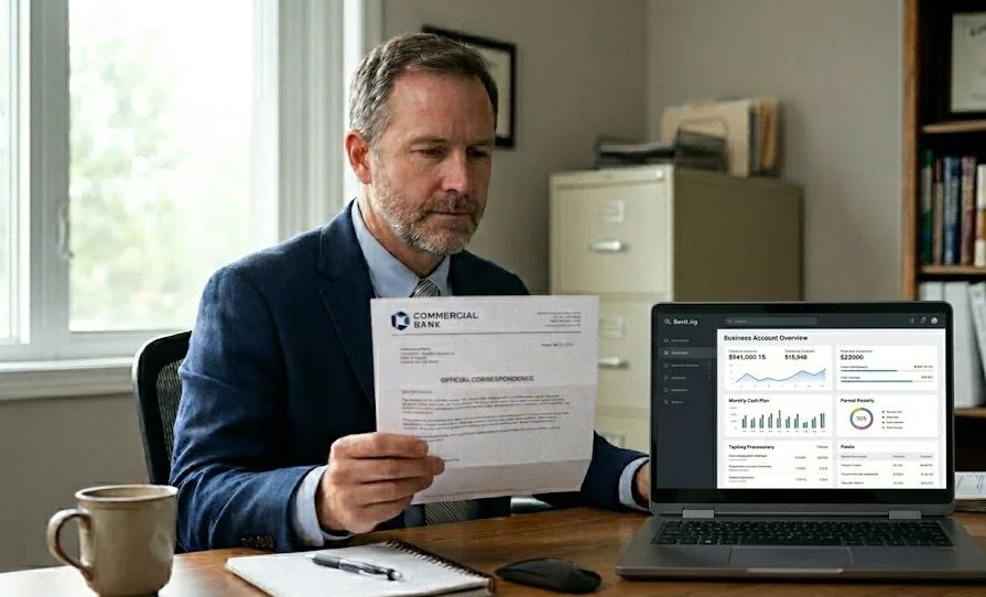 A homeowner sitting at a kitchen table reviewing HELOC statements and lender letters next to a laptop and a notepad.