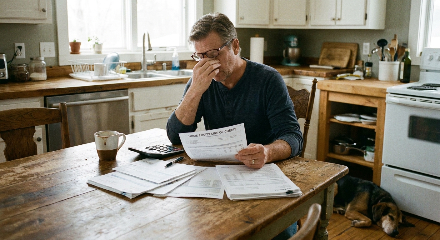 A homeowner sitting at a kitchen table reviewing a home equity line of credit statement with a calculator and paperwork
