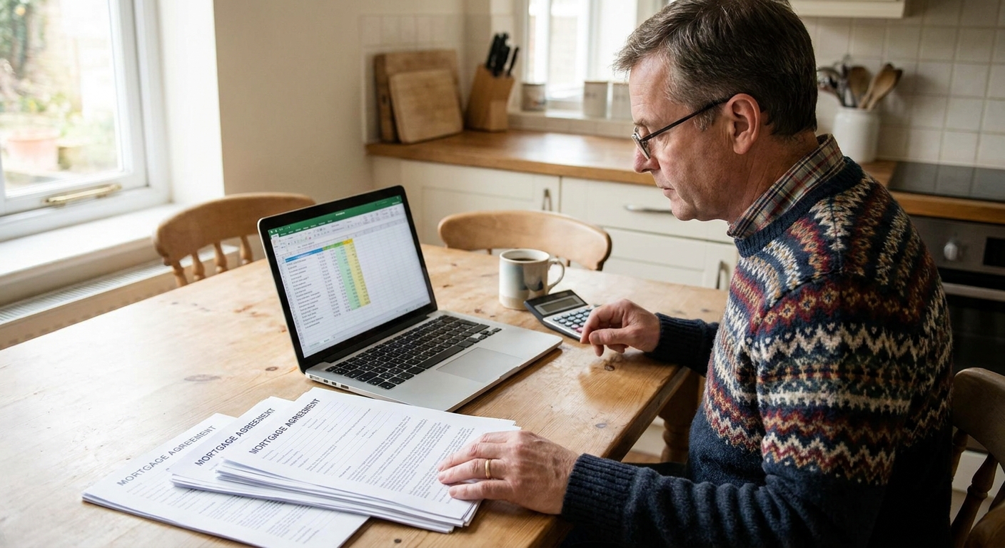 A homeowner sitting at a kitchen table reviewing mortgage documents with a laptop and calculator, realistic indoor photograph