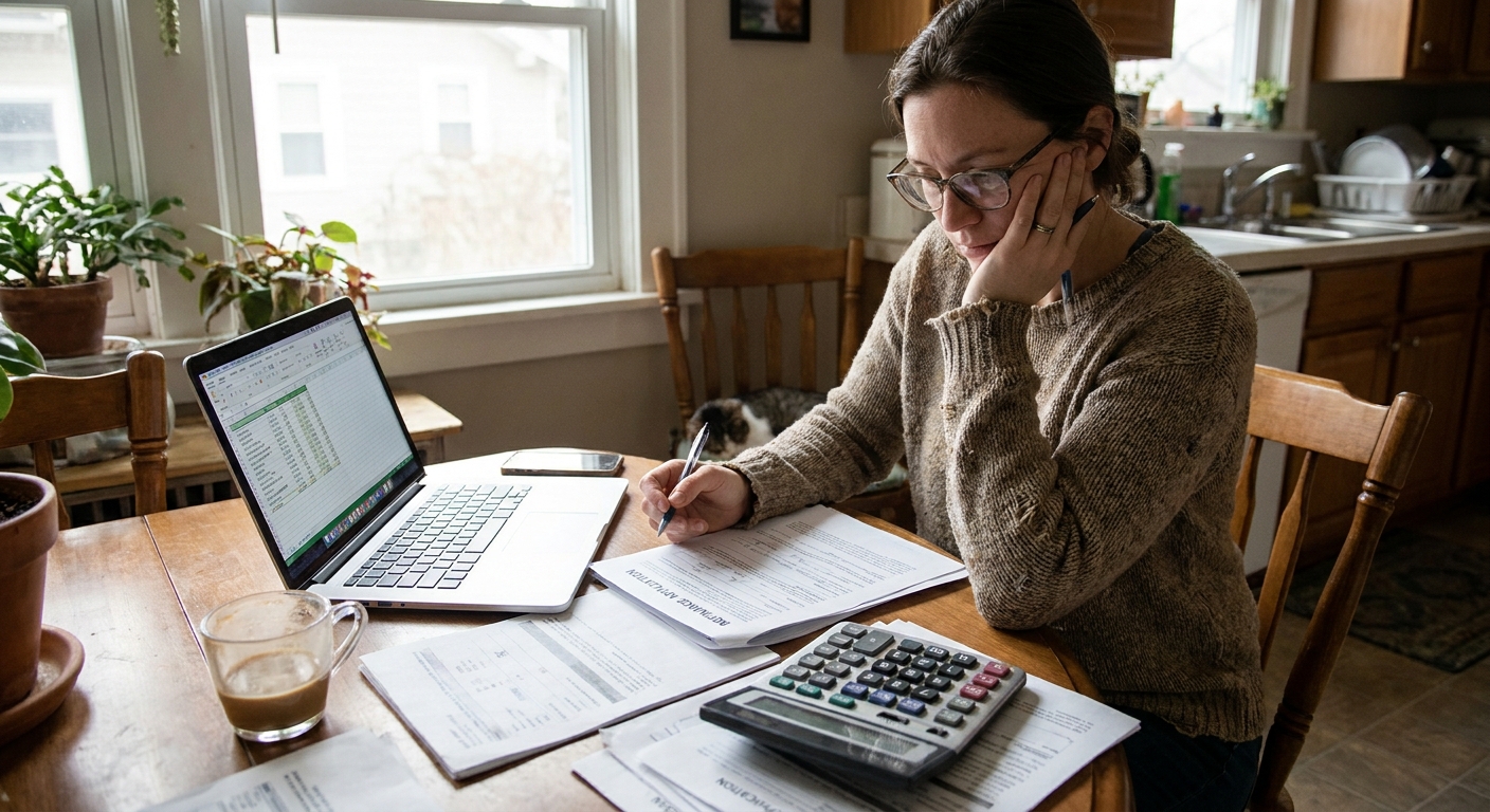 A homeowner sitting at a kitchen table reviewing mortgage refinance paperwork with a laptop and calculator, natural indoor light