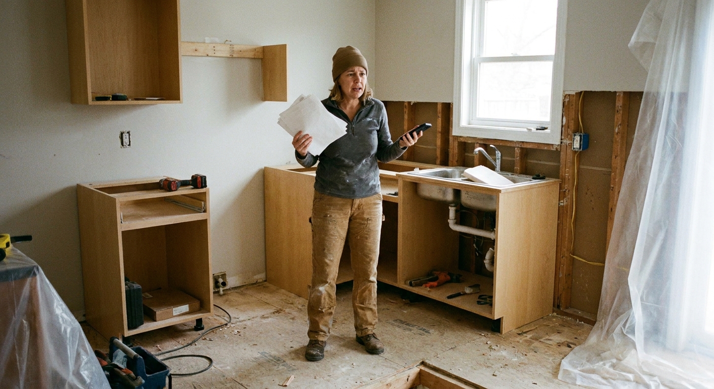 A homeowner standing in a partially renovated kitchen holding contractor paperwork and a phone