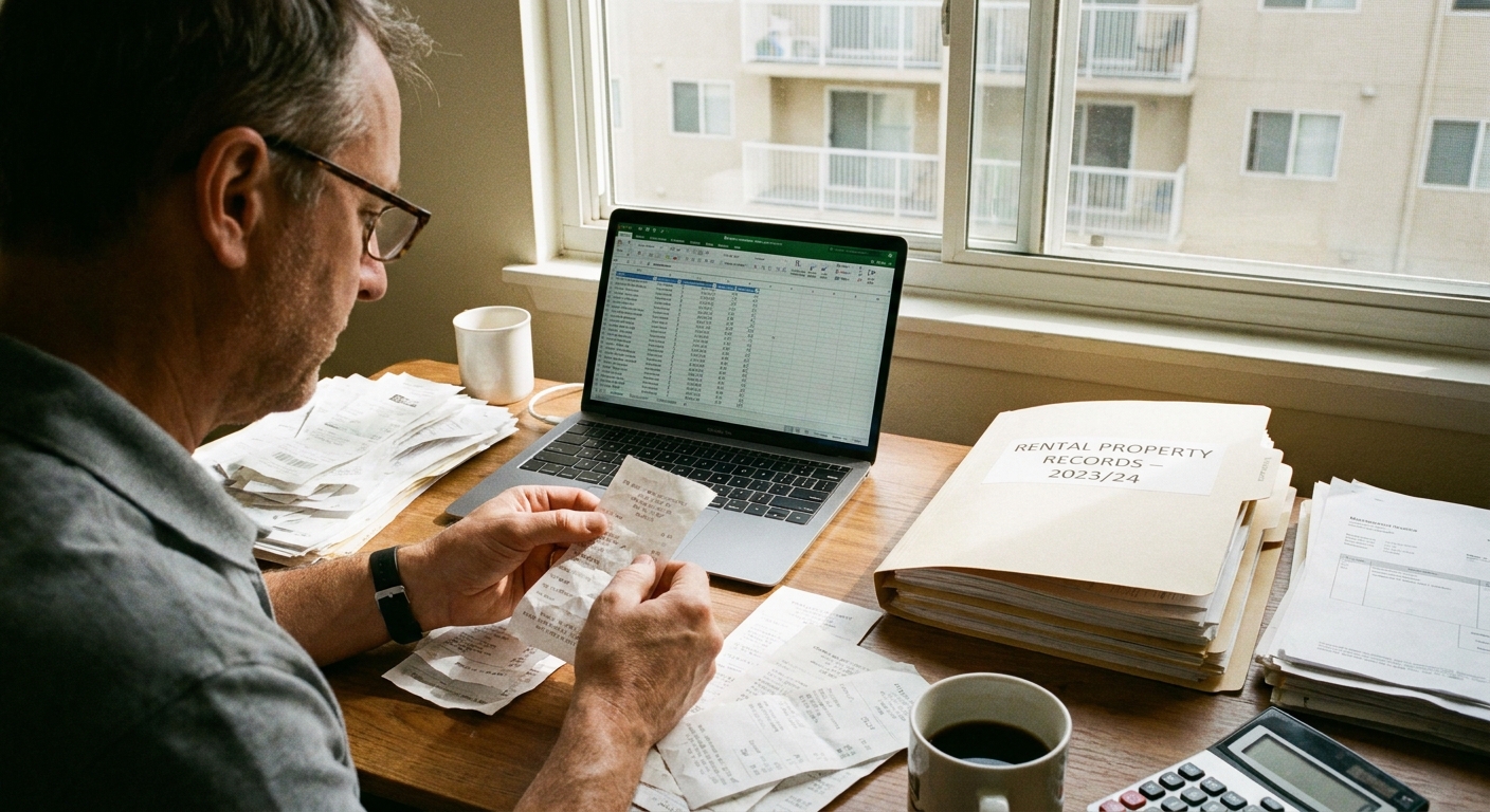 A landlord at a desk organizing paper receipts and maintenance invoices next to an open laptop and a folder labeled for rental property records