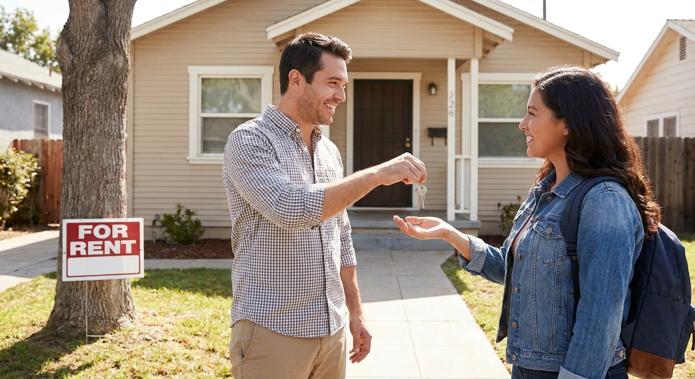 A landlord handing a set of house keys to a tenant in front of a small single-family rental home on a sunny day