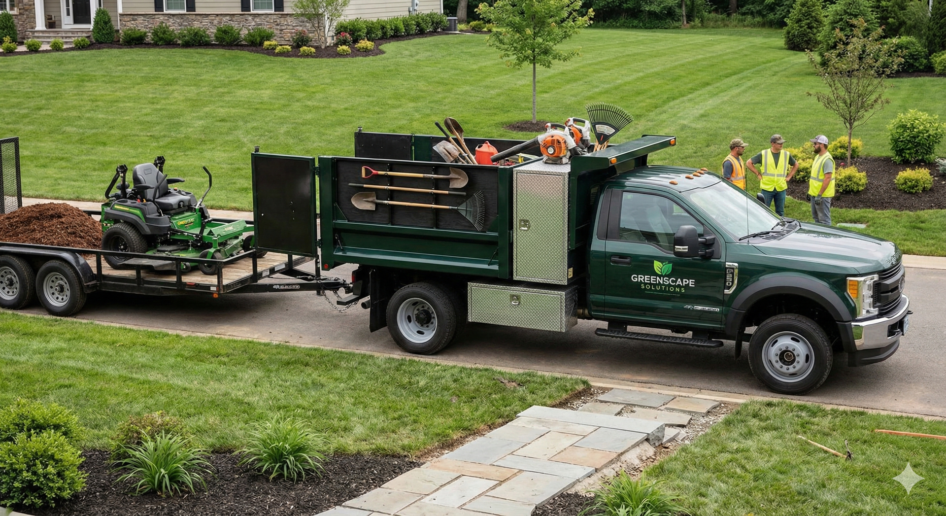 A landscaping business owner loading tools into a work truck early in the morning outside a residential garage