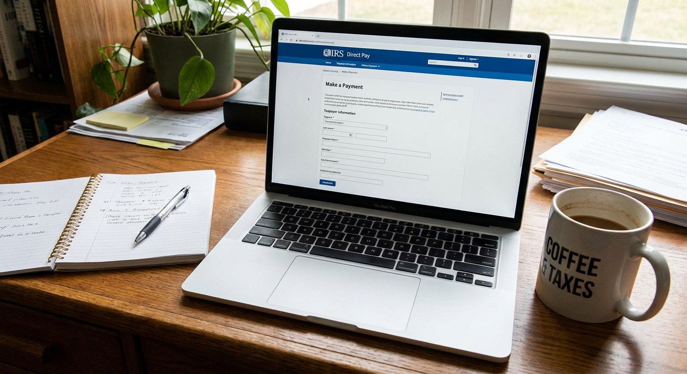 A laptop open to the IRS Direct Pay page on a desk with a notebook and coffee mug nearby