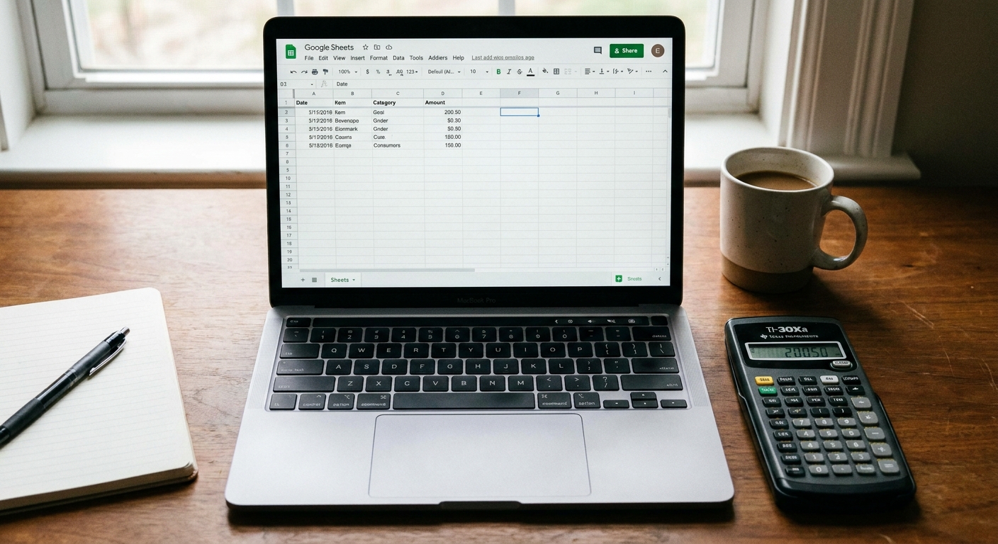 A laptop showing a simple spreadsheet with a calculator nearby