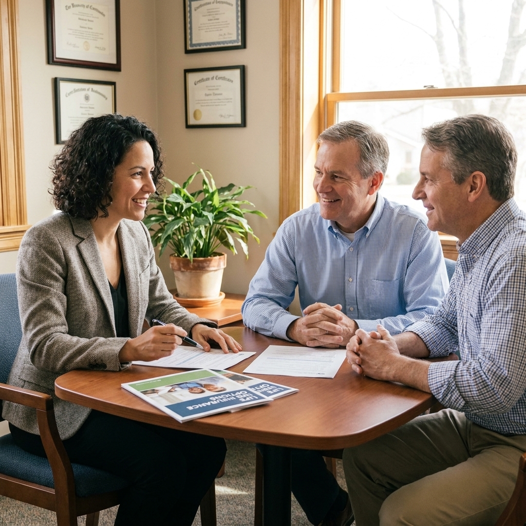 A life insurance agent sitting with a couple at a small office table, reviewing paperwork and discussing policy options in a calm, professional setting