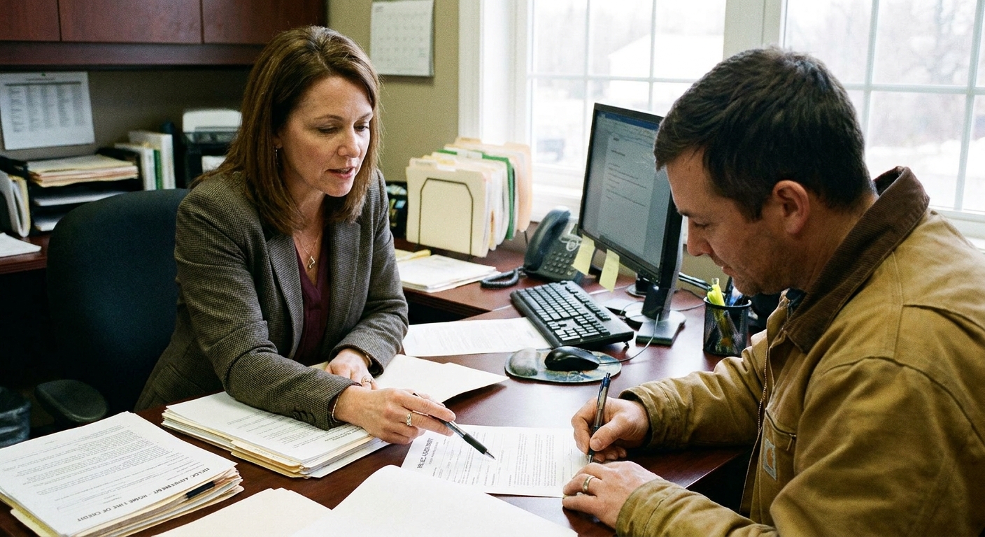 A loan officer at a desk pointing to HELOC paperwork while a borrower signs documents.