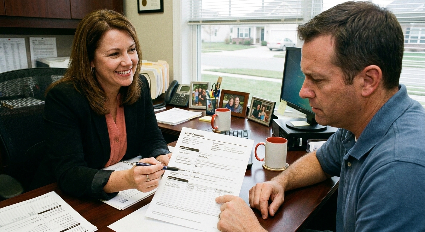 A loan officer pointing to a printed loan estimate document while a homeowner reviews it across a desk.