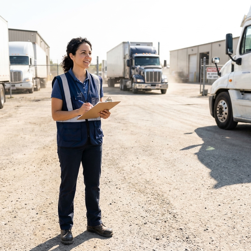 A logistics supervisor standing in a truck yard holding a clipboard while trailers and tractors move through the gate