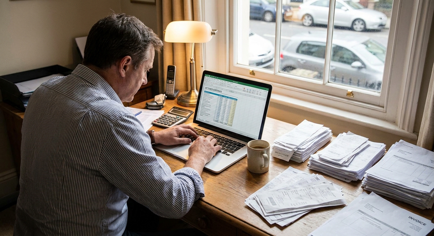 A manager in a small office reviewing monthly expense reports on a laptop with paper bills spread neatly on the desk