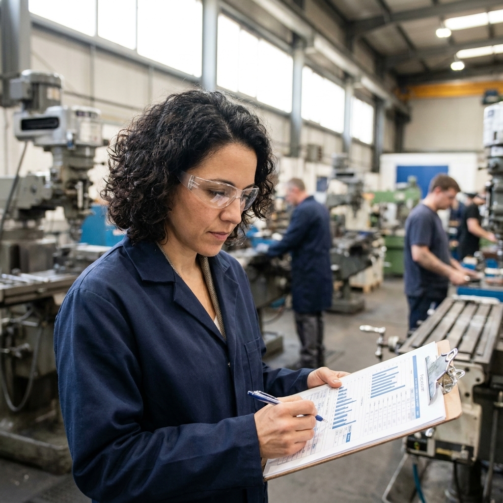 A manufacturing plant manager wearing safety glasses holding a clipboard on a factory floor while reviewing production details