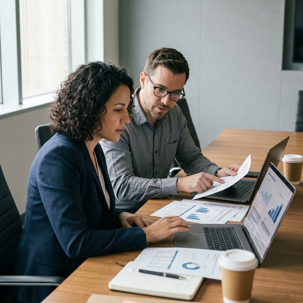 A marketing lead and a finance manager reviewing campaign performance reports together at a conference table with laptops and printed notes