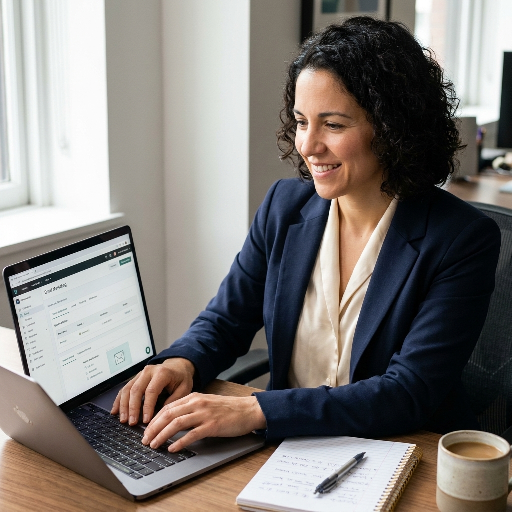 A marketing specialist building an email campaign on a laptop at a desk with a notebook and coffee nearby