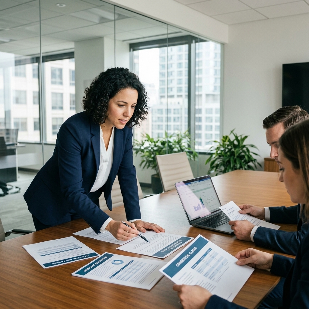 A meeting in a modern office where healthcare administrators review documents at a conference table, suggesting payer and reimbursement decision-making