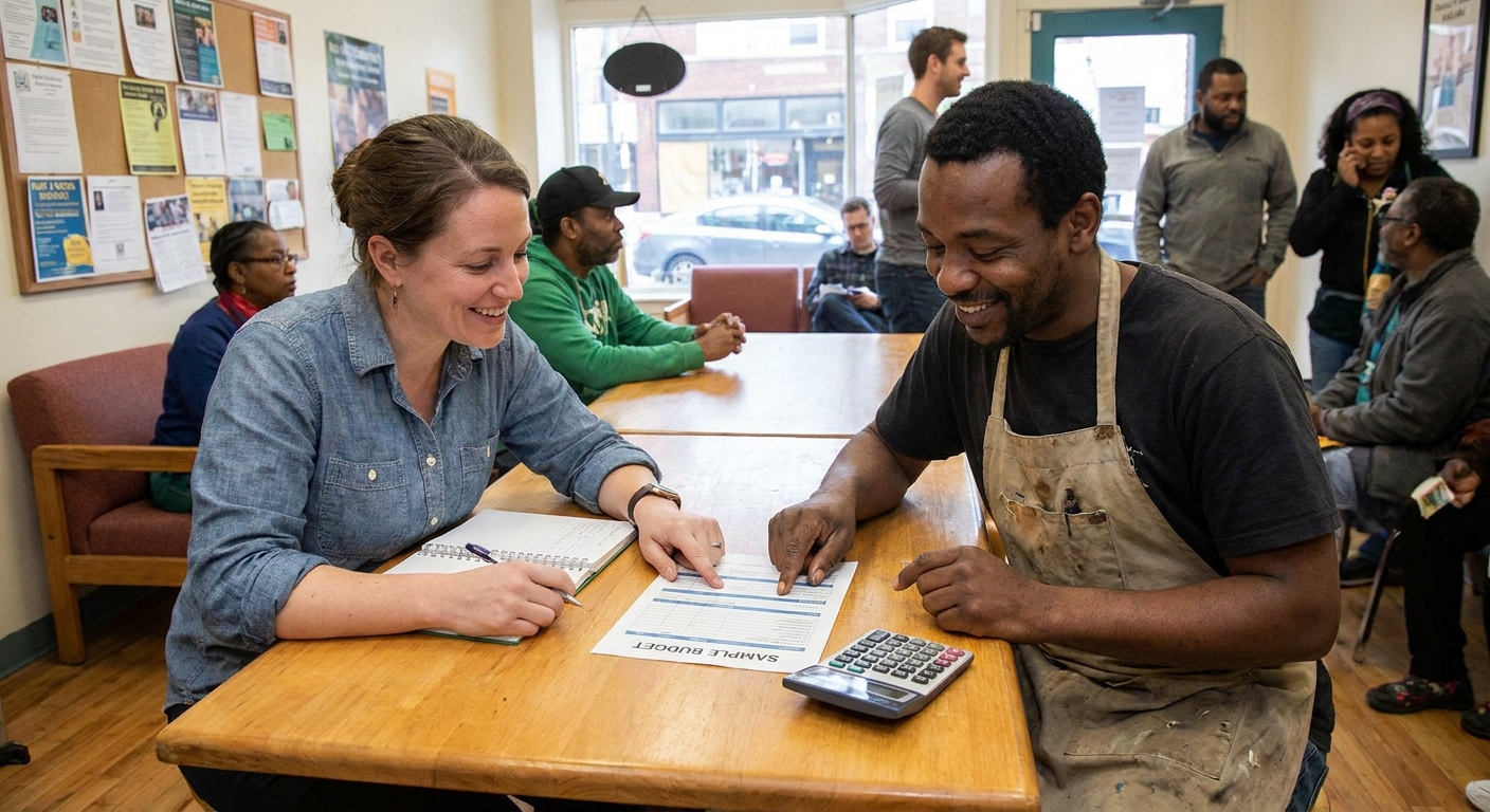 A microloan intermediary meeting with a small business owner at a community office table, reviewing a simple budget and calculator