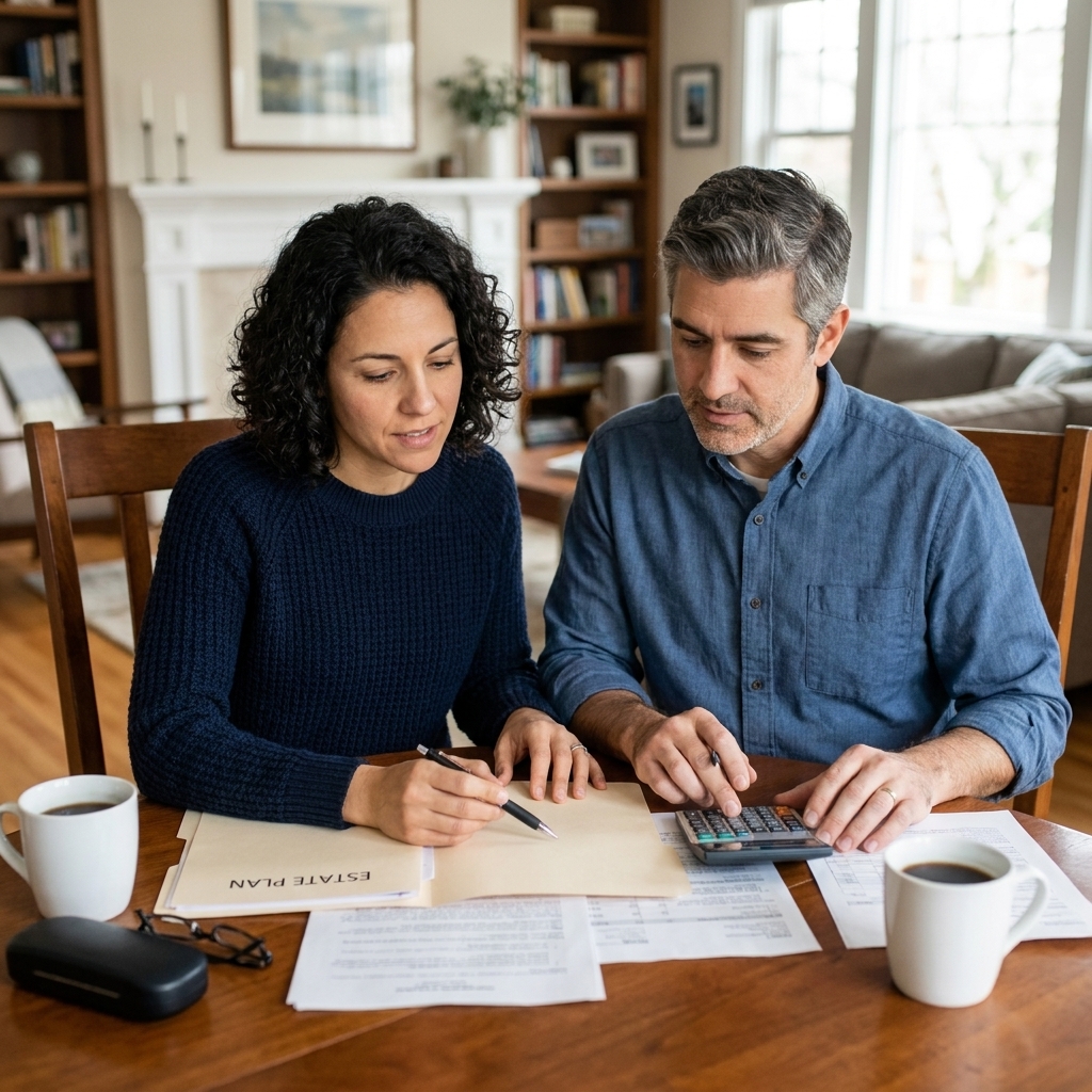 A middle-aged couple at a dining table reviewing a folder of estate planning documents with a pen and calculator nearby, in a quiet home setting