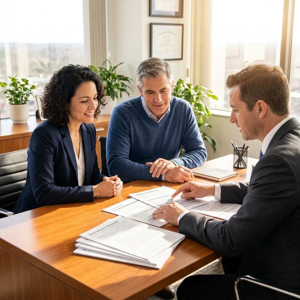 A middle-aged couple sitting with a financial advisor at a wooden desk reviewing retirement account paperwork in a bright office