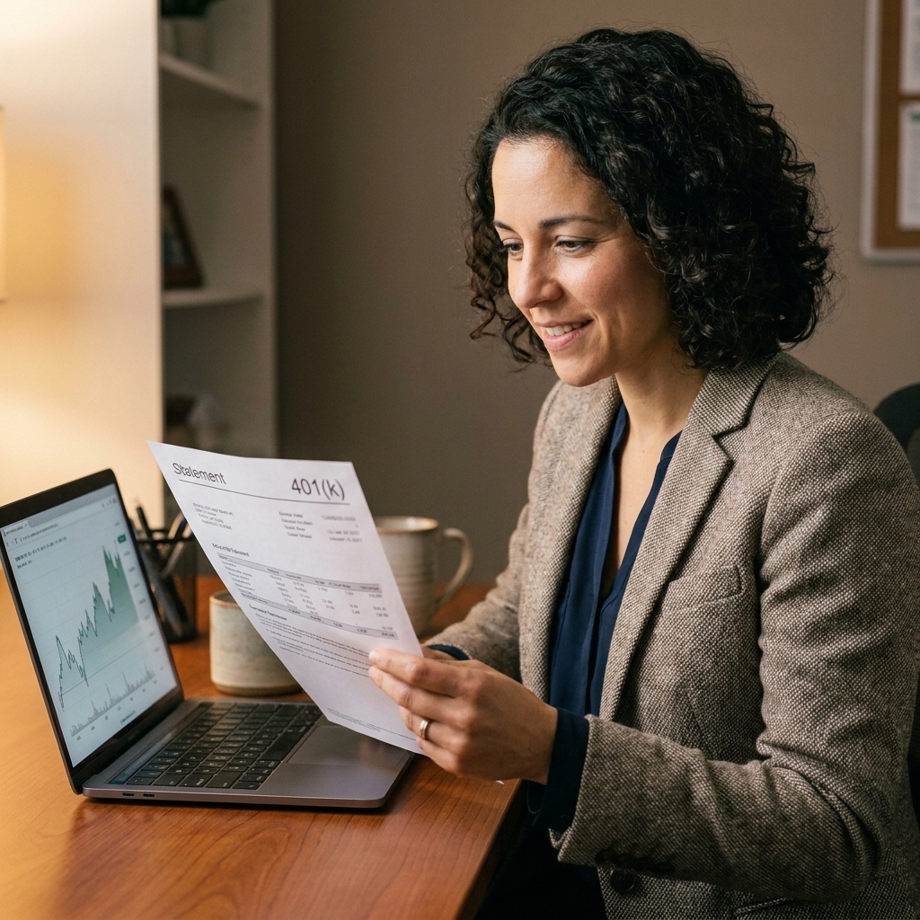 A middle-aged professional reviewing a 401(k) statement at a desk with a laptop open