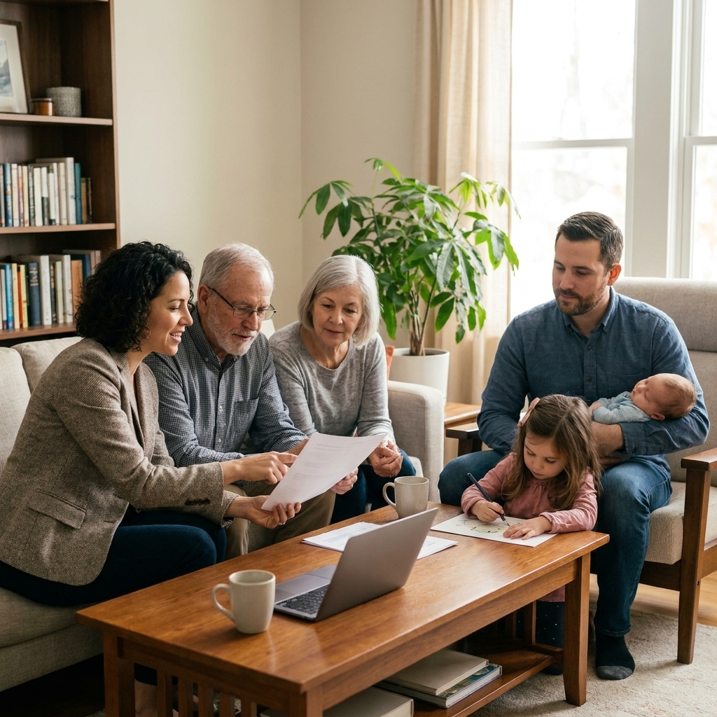 A multigenerational family sitting together in a living room meeting with a financial planner, reviewing papers and discussing long-term goals