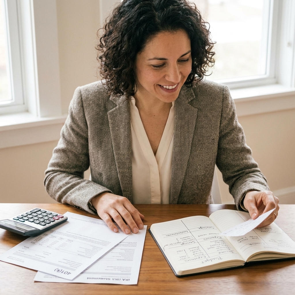 A neat desk with printed 401(k) and IRA statements, a calculator, and a notebook open to a budget page