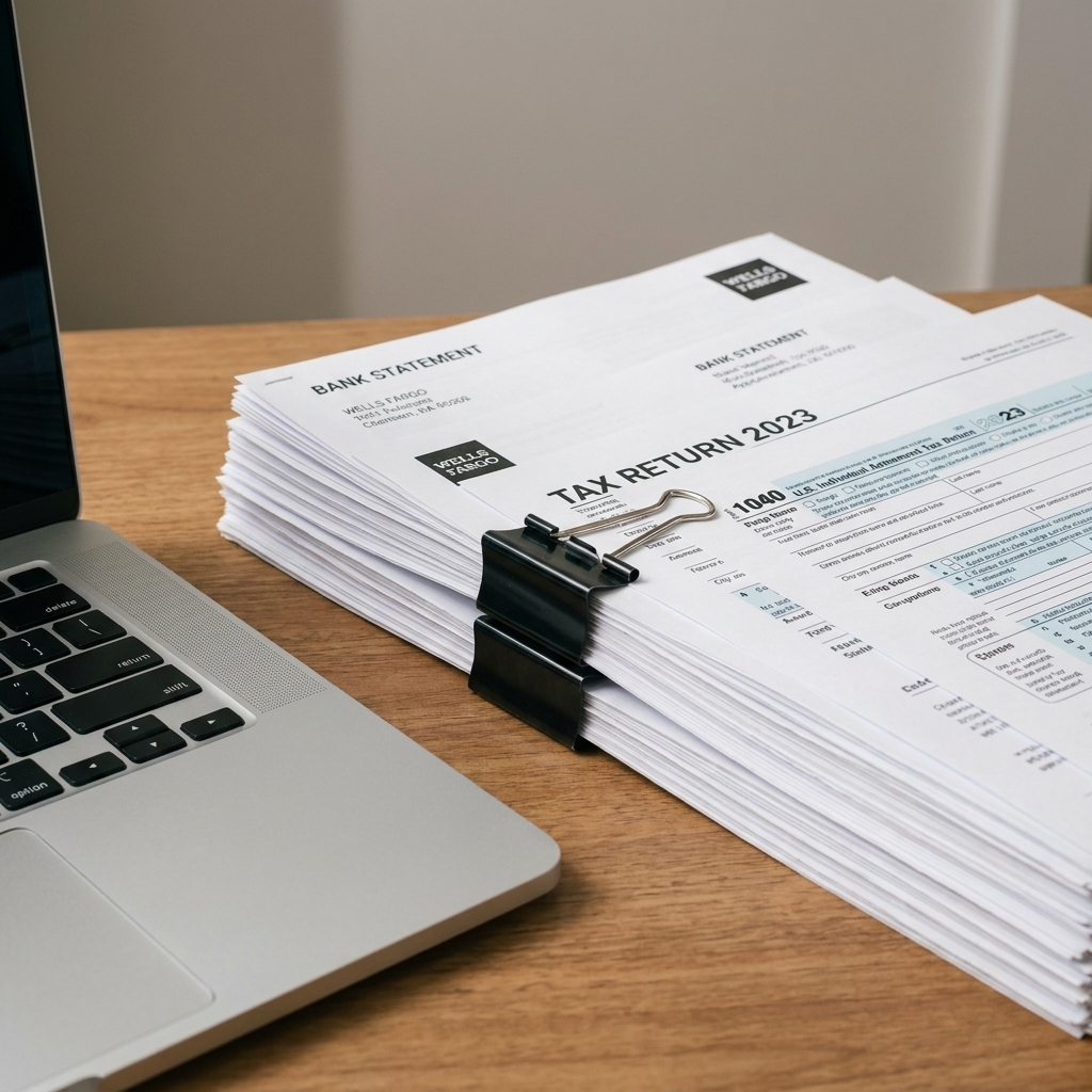 A neat stack of bank statements and tax documents clipped together on a desk next to a laptop