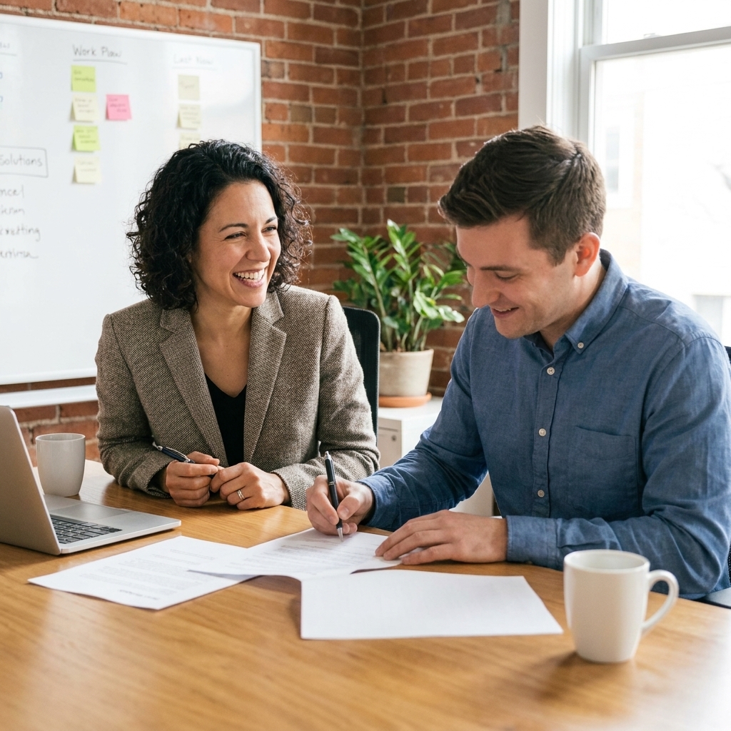 A new employee signing an offer letter while a small startup founder sits across the table in an office