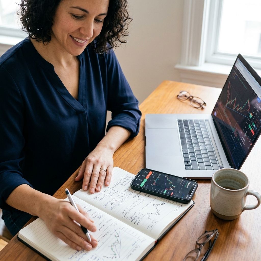 A notebook open to a trading journal next to a smartphone and a laptop on a desk