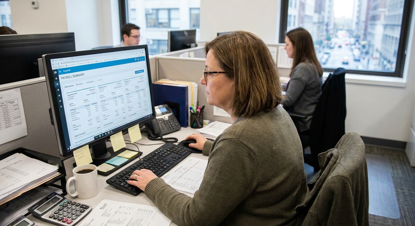 A payroll administrator reviewing a computer screen with paystubs while preparing a payroll run in an office setting